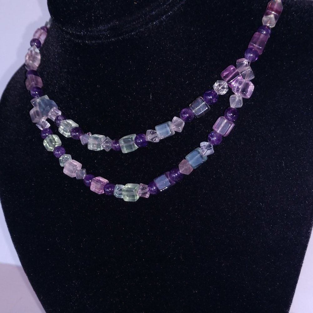 Handmade Beaded Statement Necklace with Fluorite and Amethyst Beads Purple Green